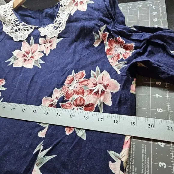 Vintage 90s Floral Dress Women Med Blue Lace Pleated Preppy Cottage Modest Retro - Picture 7 of 9